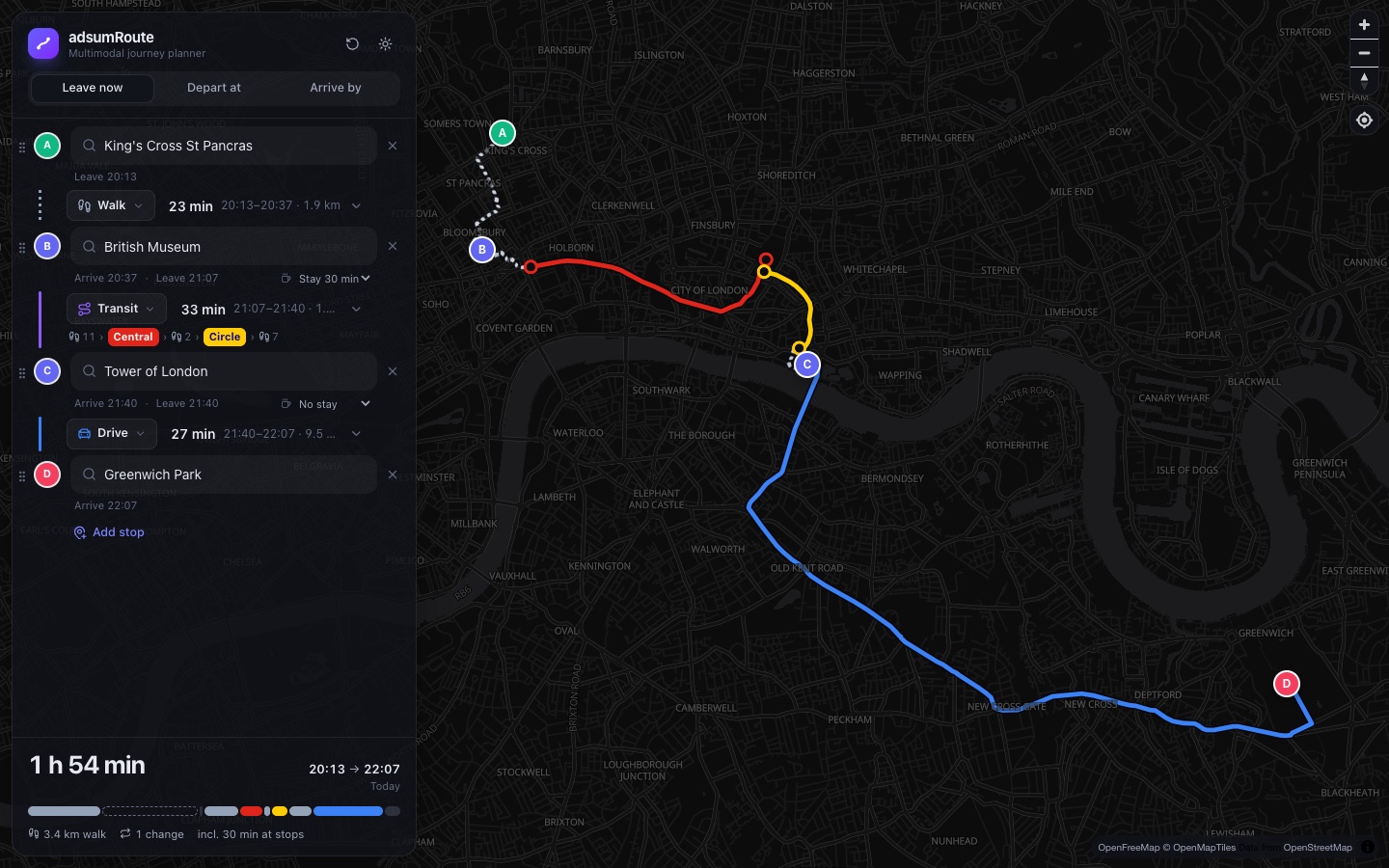 A London journey in adsumRoute: walk from King's Cross to the British Museum, the Tube to the Tower of London, then drive to Greenwich